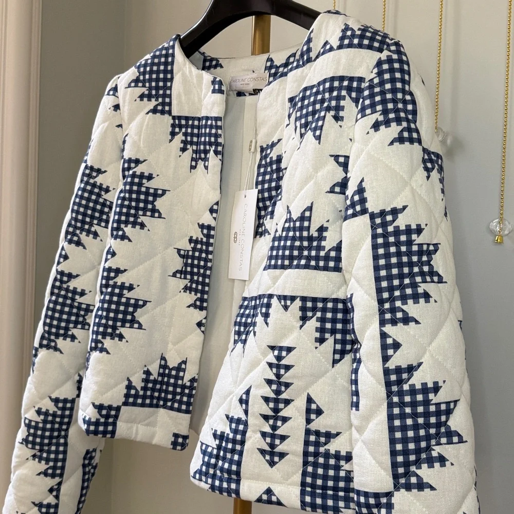 NWT CAROLINE CONSTAS White/Blue Quilted Jacket Linen Blend Puffy Shoulder $395 - Picture 4 of 8